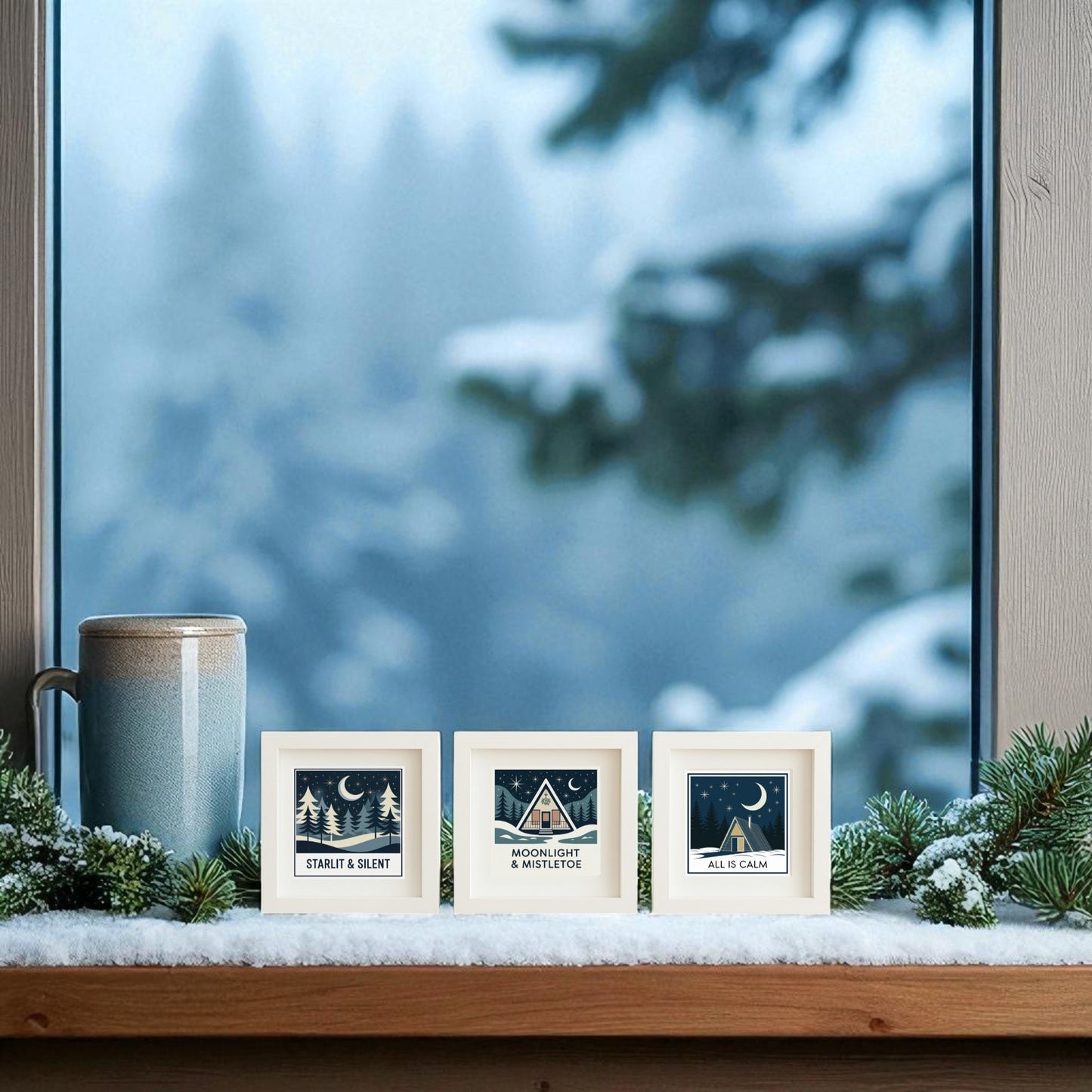 A cozy winter window scene featuring the Winter Mid-Century Art Trio by Mirabilia Boutique—Scandinavian-inspired holiday wall decor with pine greenery, snowy designs, and seasonal phrases to enhance your space.