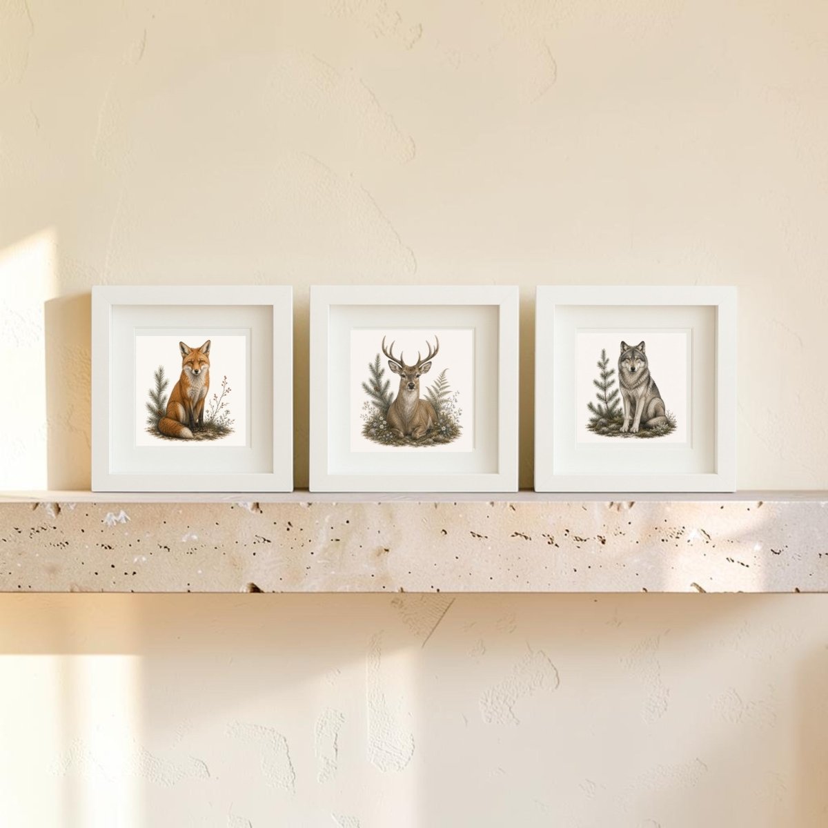 Displayed side by side on a stone shelf against a softly textured wall, the Winter Vigil Wildlife Shadowbox Trio | 5x5 by Mirabilia Boutique features framed illustrations of a fox, deer, and wolf. Part of the Star & Solstice Collection, this winter wildlife art is beautifully illuminated as sunlight casts gentle shadows on the left side, capturing the serene charm of woodland animal shadowboxes.