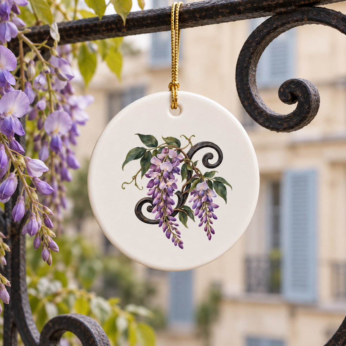 Wisteria at Blue Hour Ornament featuring a purple wisteria illustration, hanging by a gold cord from an ornate wrought-iron railing.