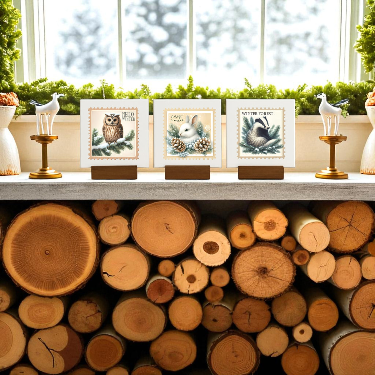 A cozy mantel features Mirabilia Boutique's Winter Forest Mini Sign Trio—4x4 canvas animal prints—paired with woodland decor, white bird figurines on gold stands, stacked firewood, and greenery by a snowy window.