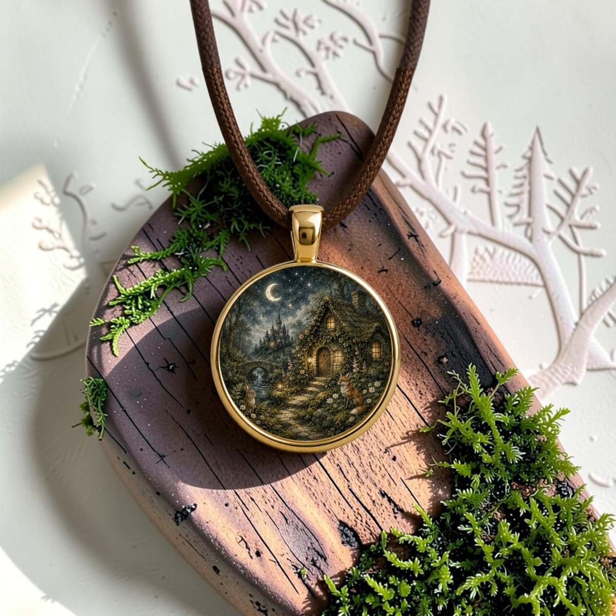 The Hidden Hearth | Story Pendant Necklace by Mirabilia Boutique features a round woodland cottage pendant with a moonlit forest scene, resting on a brown cord atop a wooden board decorated with moss and embossed white nature patterns—creating enchanting, storybook-inspired wearable art.