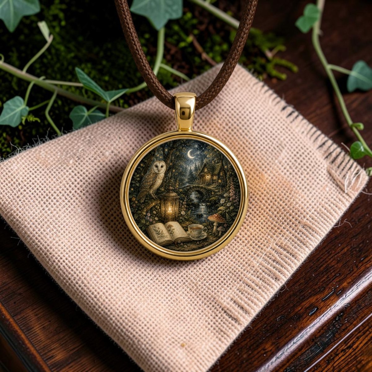Introducing The Woodland Chronicle | Story Pendant Necklace from Mirabilia Boutique—a gold wearable art piece featuring a pendant adorned with an owl, an open book, a teacup, and a moonlit house. Resting atop burlap on a wooden surface with green ivy leaves nearby, this enchanting accessory is part of the Moon & Moss collection and captures the magic of woodland storytelling.