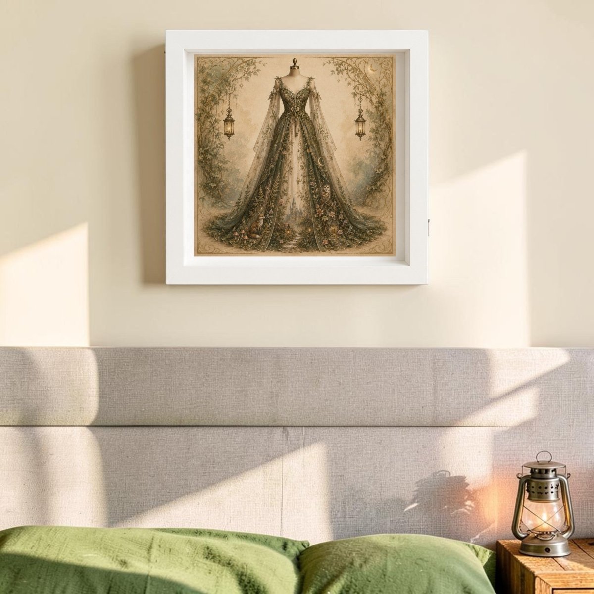 Woodland Whisper | Curated Couture Artwork by Mirabilia Boutique, framed and depicting an ornate vintage gown, hangs above a beige upholstered bed adorned with green bedding; a lantern rests on a wooden nightstand nearby, as sunlight casts gentle shadows across the wall.