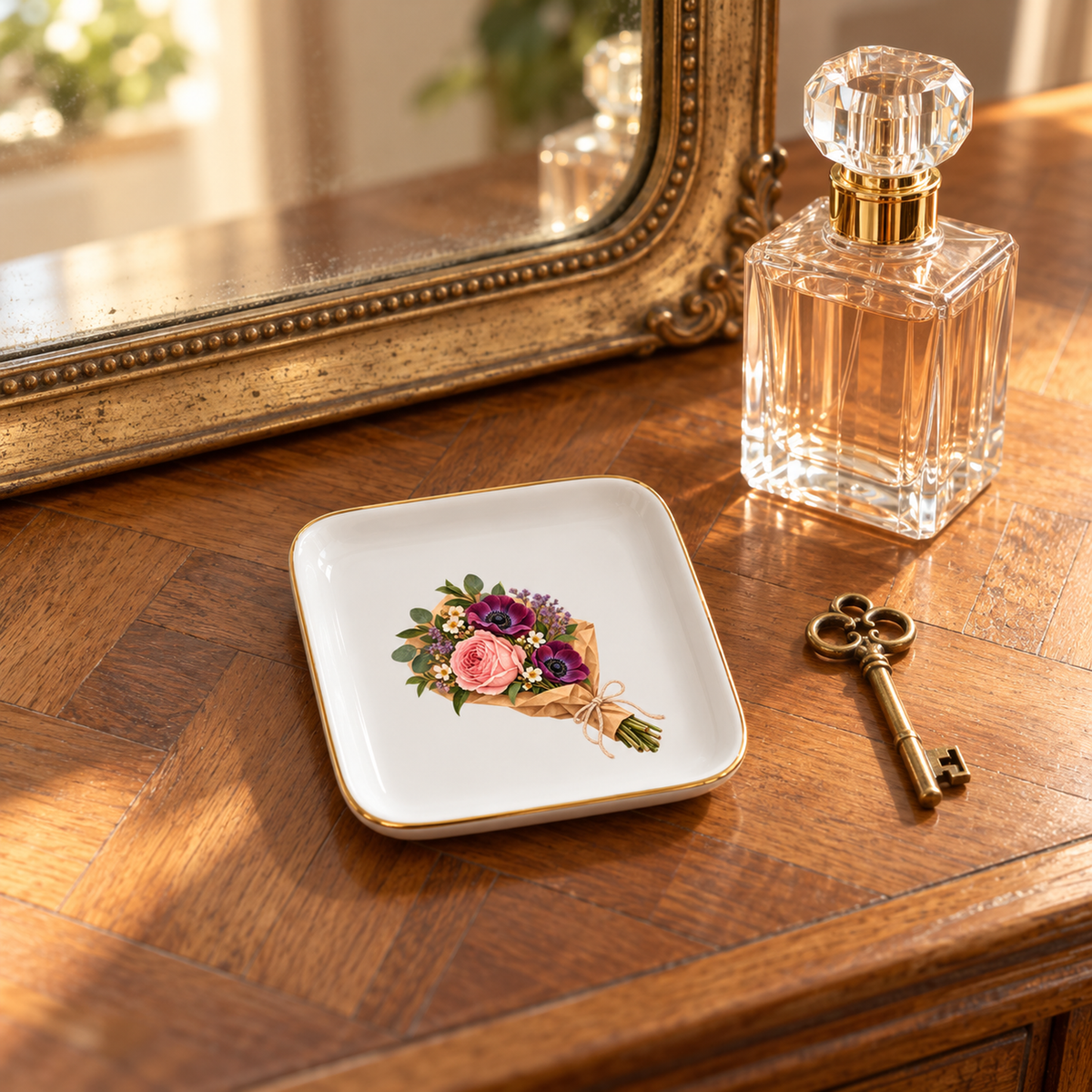 The Florist’s Parcel Jewelry Tray by Mirabilia Boutique, a square white ceramic floral dish with a gold rim, sits on a wooden surface next to a perfume bottle and an ornate metal key.
