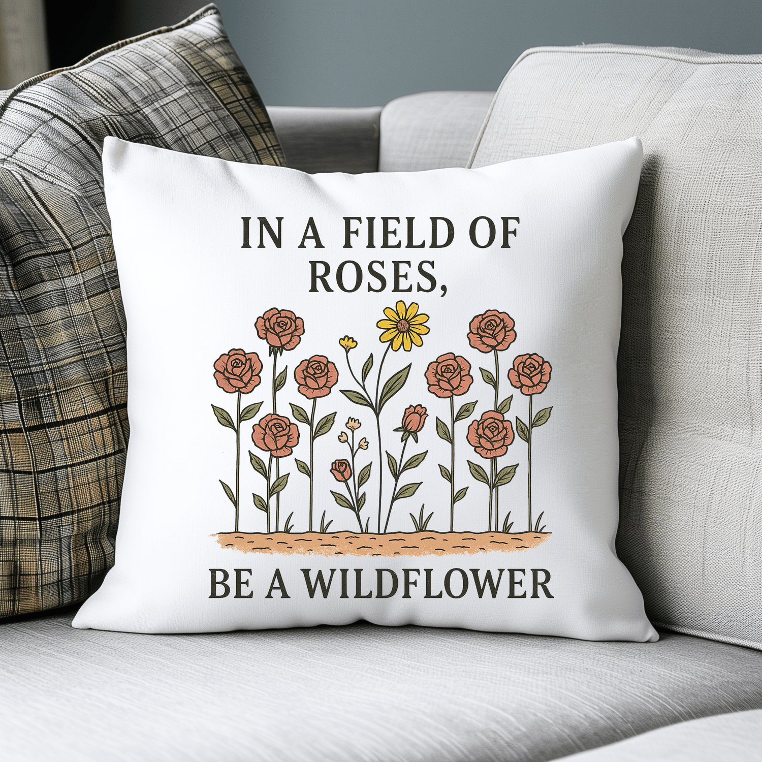 A decorative pillow on a couch features roses, a single yellow wildflower, and the text: "In a field of roses, be a wildflower.