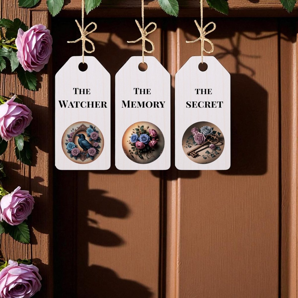 Three white tags with the words "The Watcher," "The Memory," and "The Secret," each with an illustration, hang on a brown door next to blooming pink roses and green leaves.