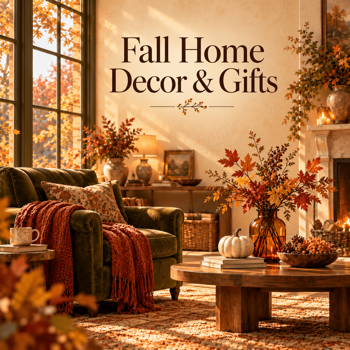 Text overlay reading “Fall Home Decor & Gifts” above a cozy living room scene with a green armchair, a rustic coffee table, a vase of autumn leaves, and a lit fireplace.