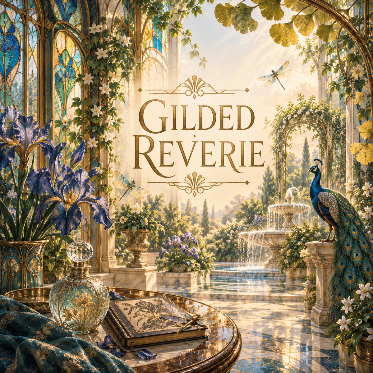 Peacock Reverie | Curated Couture Artwork by Mirabilia Boutique showcases an ornate vintage gown adorned with peacock feather motifs; part of the Gilded Reverie collection, this exquisite piece offers timeless elegance.