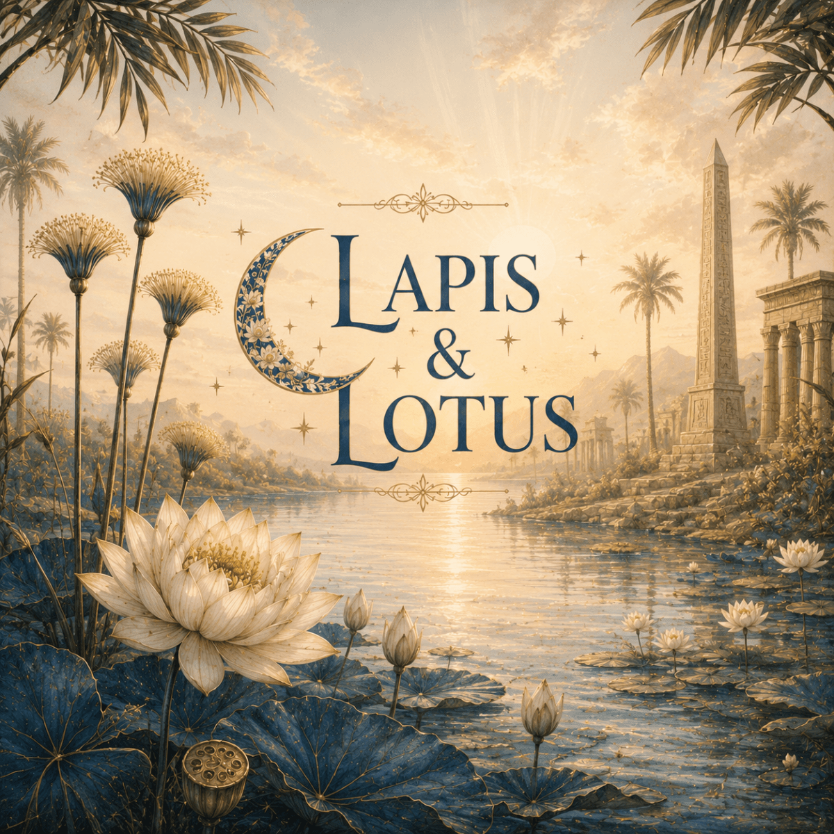 Lapis & Lotus collection artwork with blooming lotus flowers, papyrus, palm trees, an Egyptian obelisk, temple columns, and a crescent moon beside the Nile.