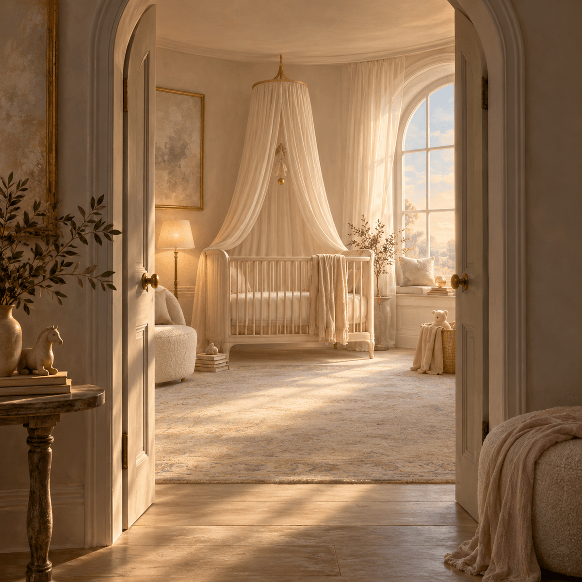 Elegant nursery with a crib under a canopy, soft lighting from a large arched window, plush rug, cozy armchair, and pastel decor viewed through open double doors.