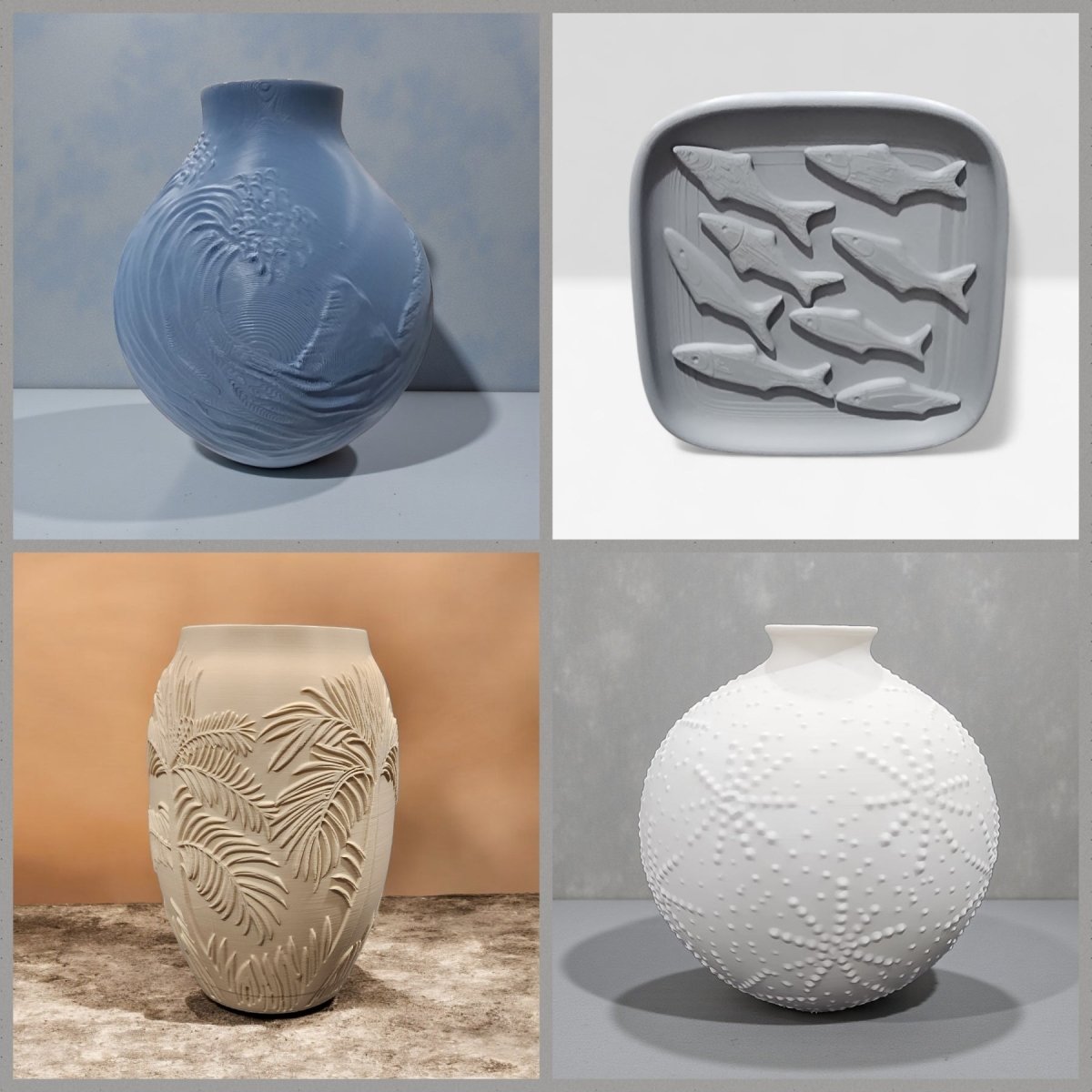 A collage of four ceramic pieces: a blue vase with wave patterns, a square gray plate with raised fish, a white vase with fern designs, and a round white vase with sea urchin-like dots.