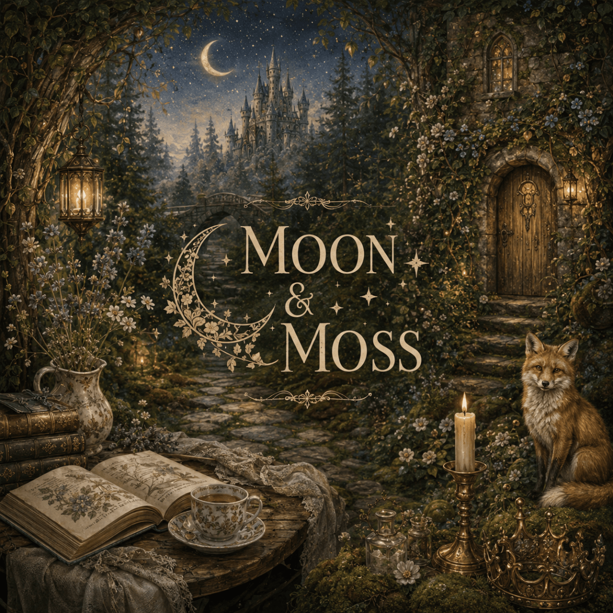 A white Lost in a Lovely Story Throw Pillow by Mirabilia Boutique, featuring an illustration of stacked books, mushrooms, and a crescent moon alongside the text "LOST IN A LOVELY STORY".