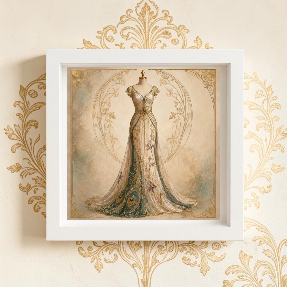 Peacock Reverie | Curated Couture Artwork by Mirabilia Boutique showcases an ornate vintage gown adorned with peacock feather motifs; part of the Gilded Reverie collection, this exquisite piece offers timeless elegance.