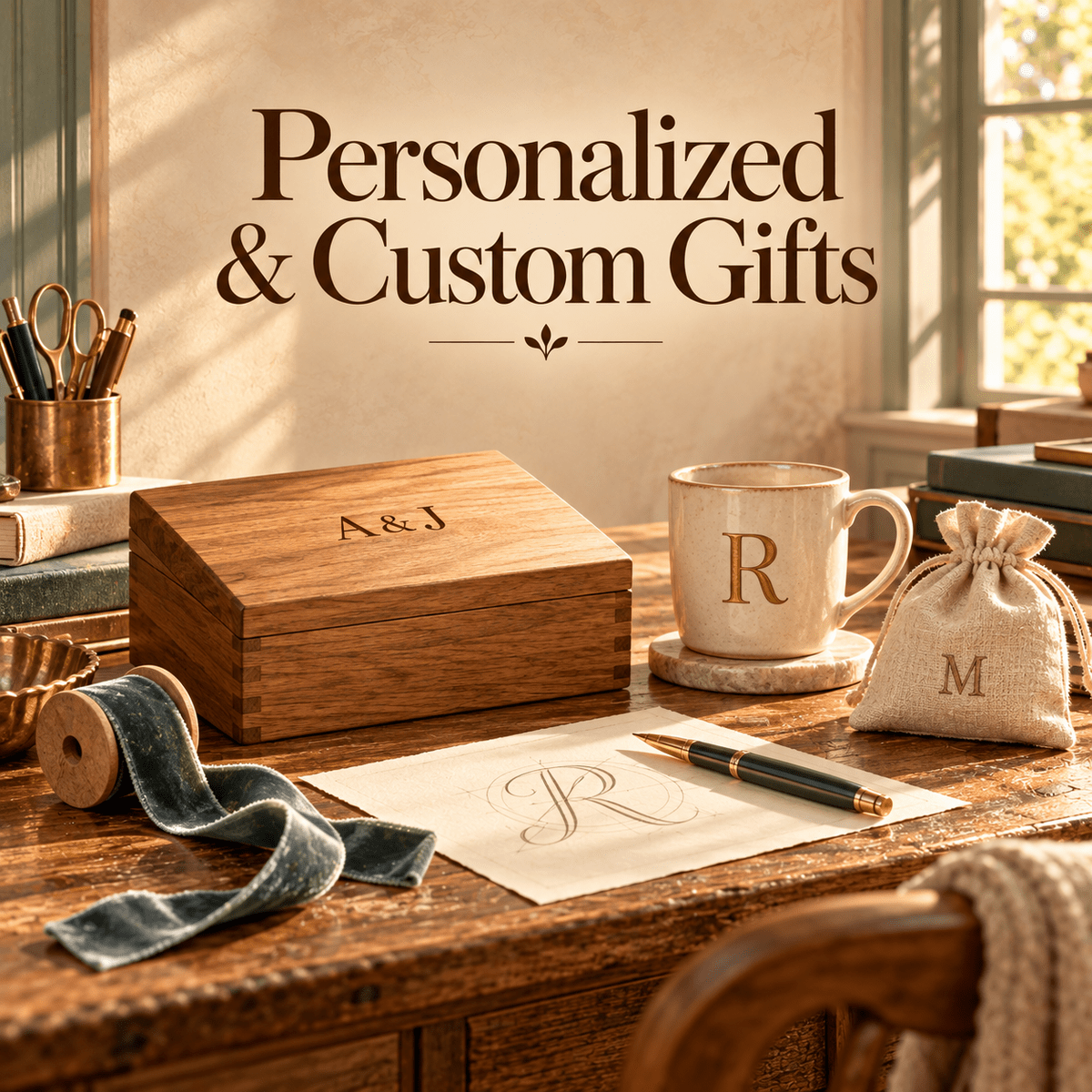 Personalized wooden box with “A&J,” a mug with an “R,” and a small fabric pouch with an “M” sitting on a desk with a pen and paper.
