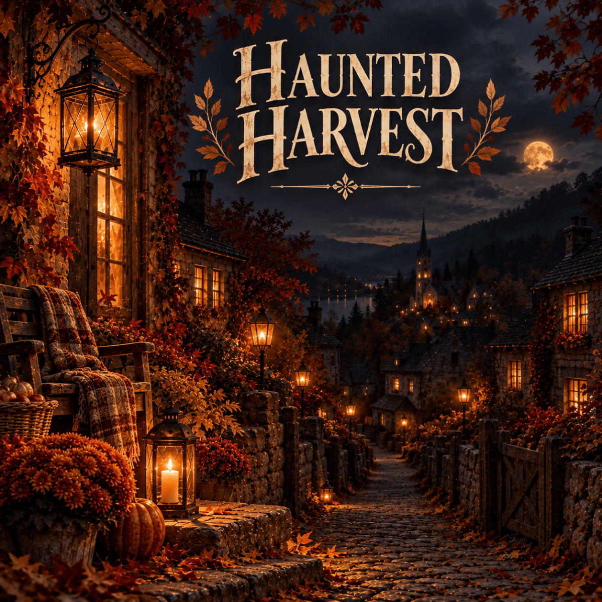 Cobblestone street lined with autumn leaves, pumpkins, and lanterns at night. Old houses and a church appear under a full moon. Text reads “Haunted Harvest” at the top.