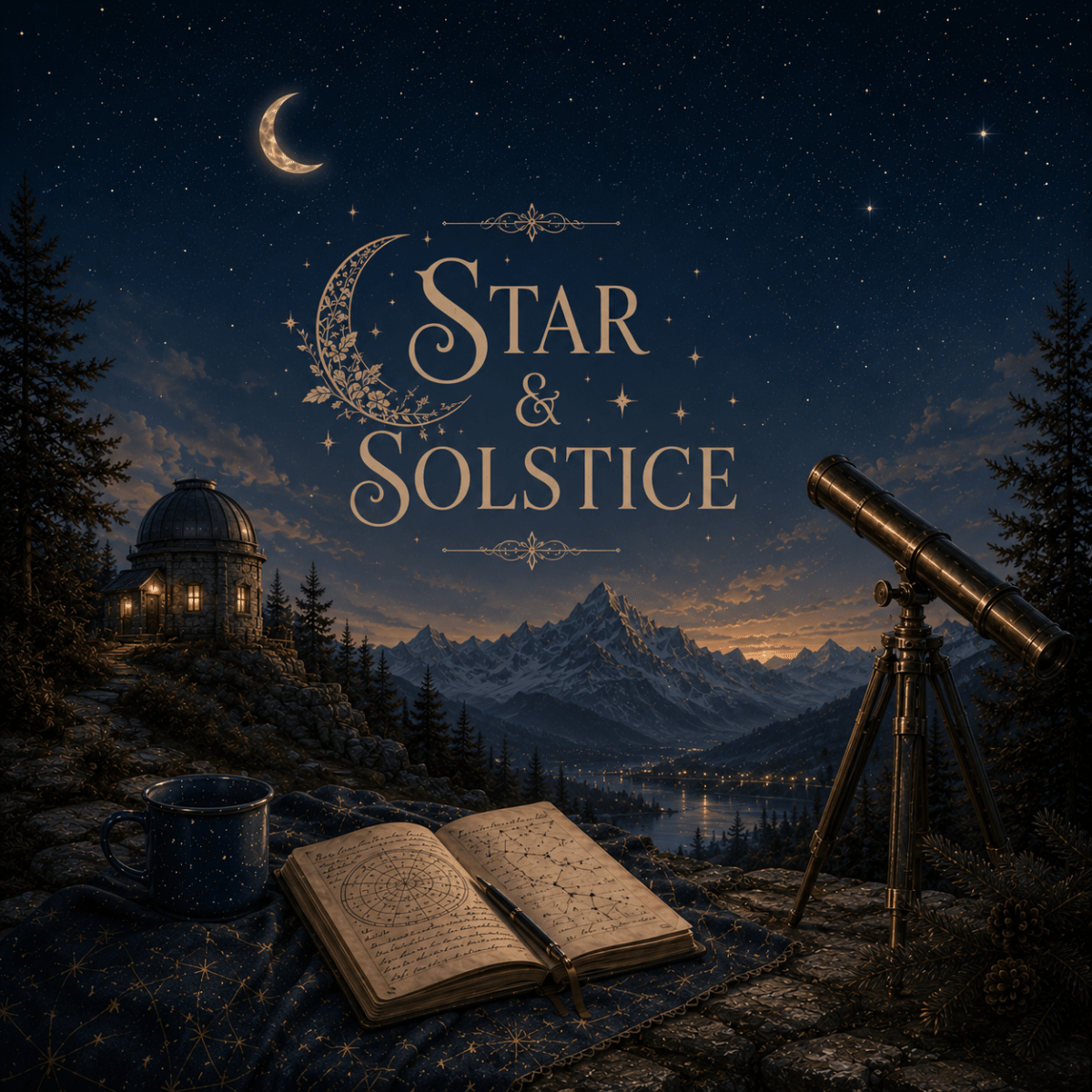 Star & Solstice collection artwork featuring a crescent moon, observatory, telescope, journal, and mountain landscape beneath a star-filled night sky, celebrating celestial-inspired home décor and gifts.