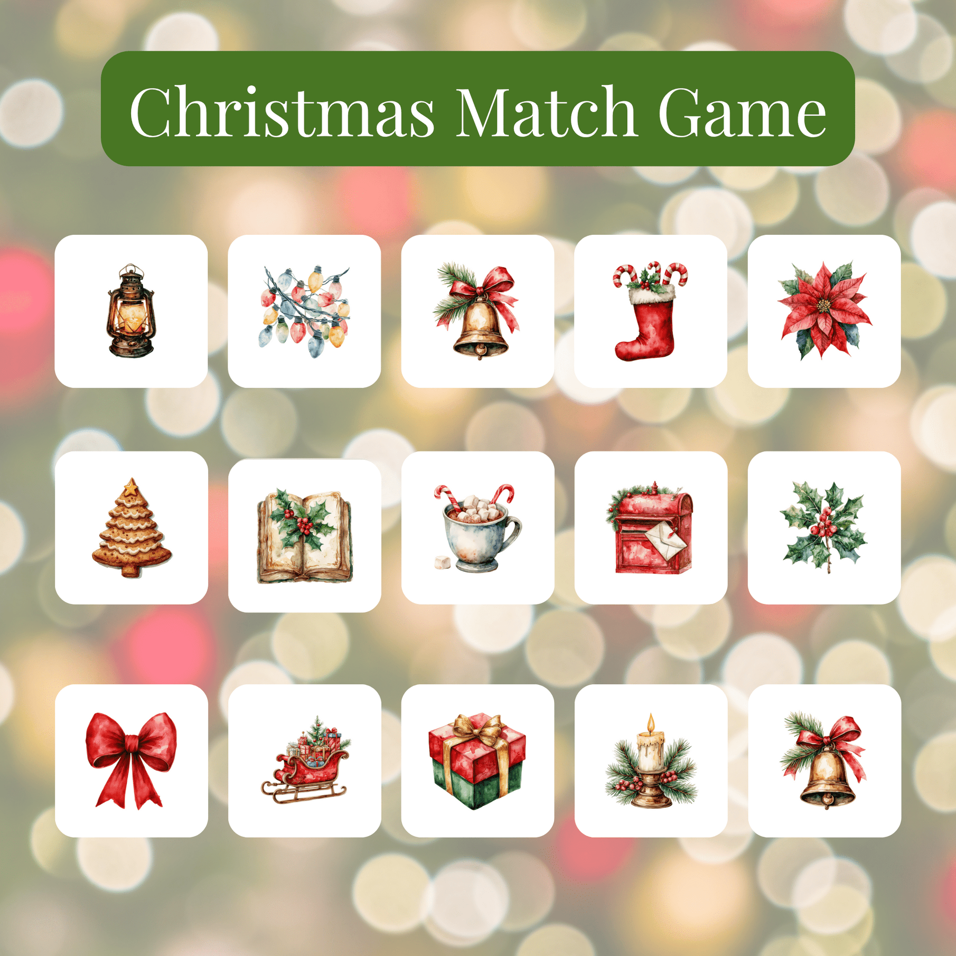 The Christmas Memory Match Game by Mirabilia Boutique is a 60-piece holiday tile set featuring festive icons, perfect for family fun during the holidays!.