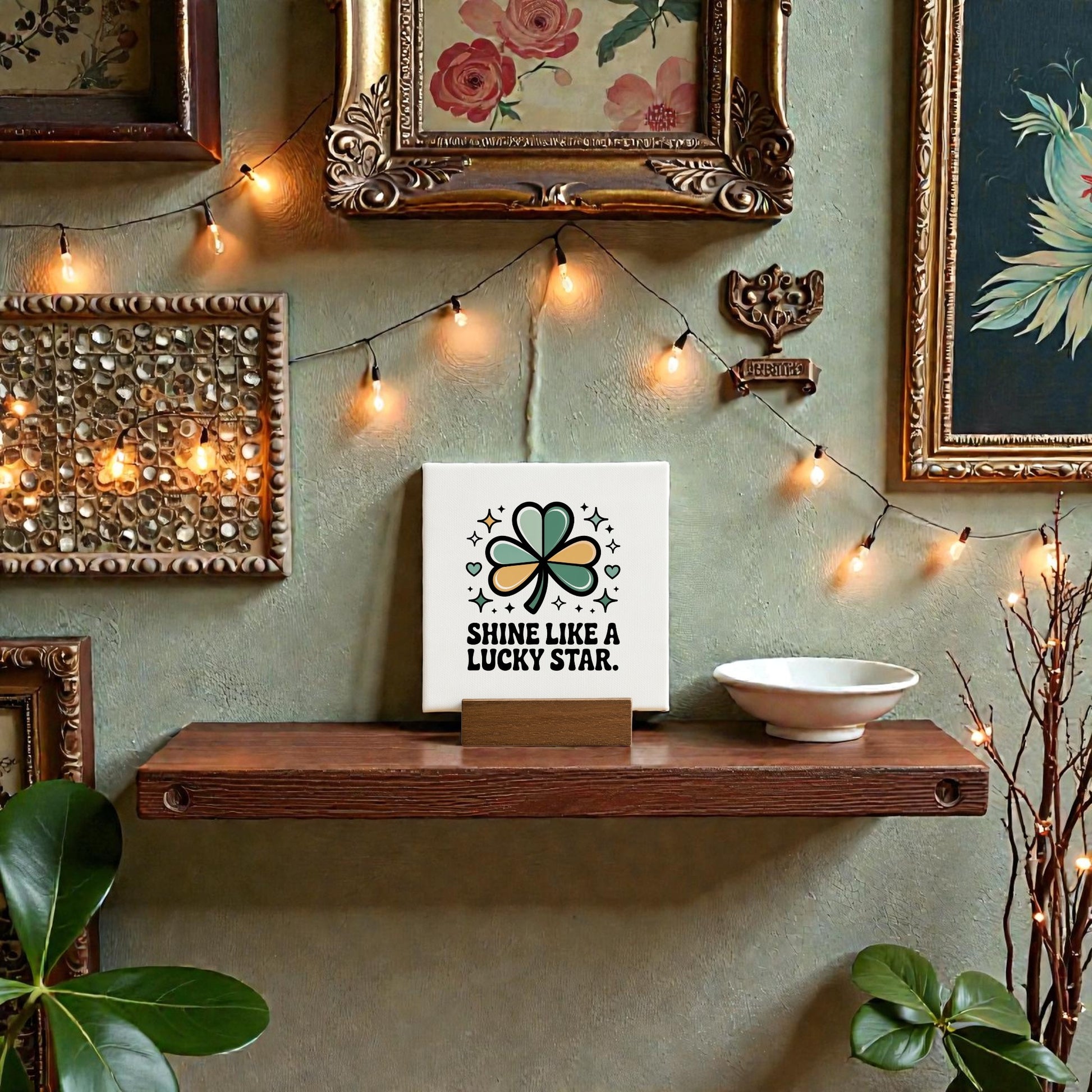 The Mirabilia Boutique "Shine Like a Lucky Star" 4x4 canvas sign with a clover is displayed on a shelf with framed art, fairy lights, a white dish, and green plants—an ideal St. Patrick’s Day accent against a textured wall.