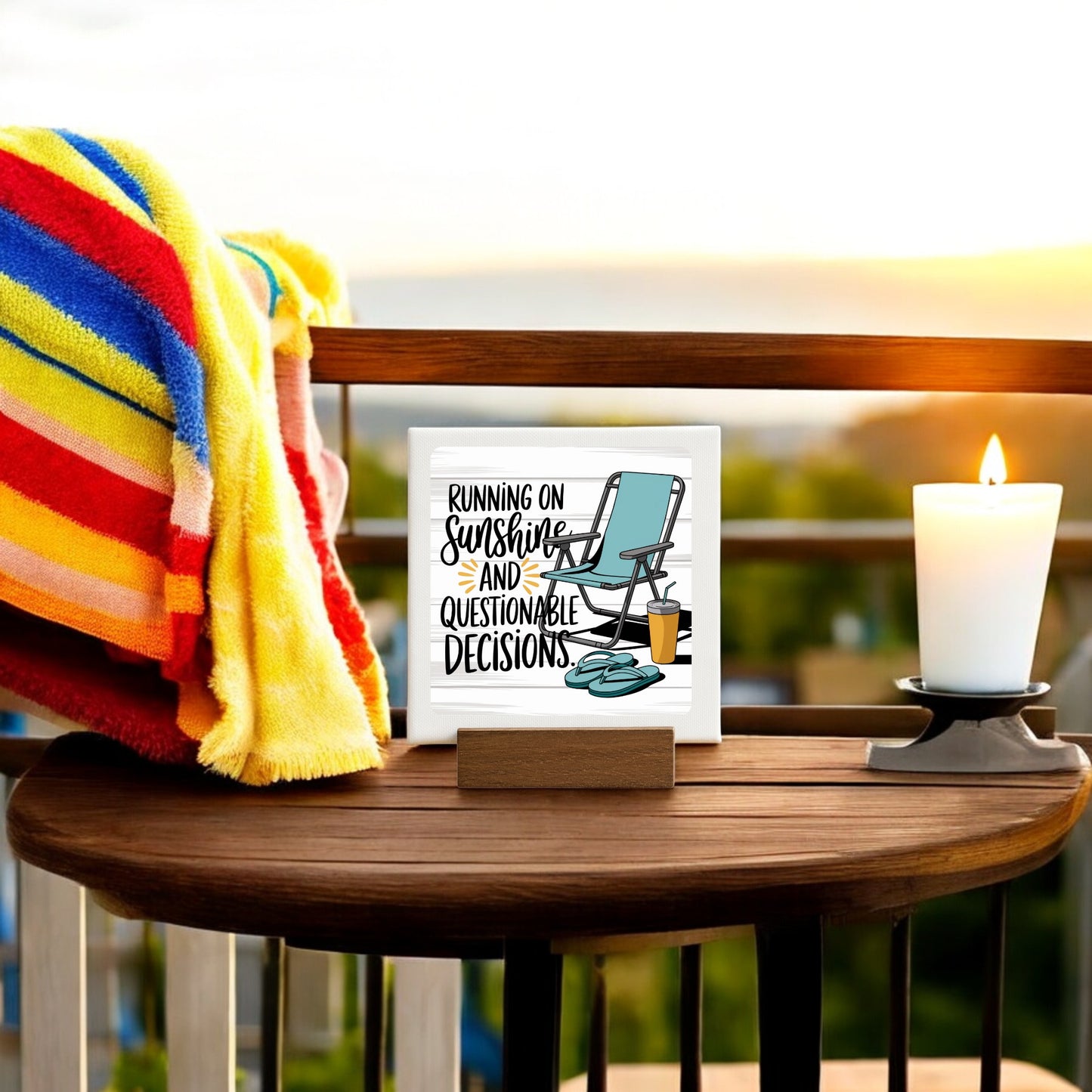 The Running on Sunshine Mini Canvas – 4x4 Funny Summer Sign by Mirabilia Boutique is perfect as beach house decor or poolside decoration.
