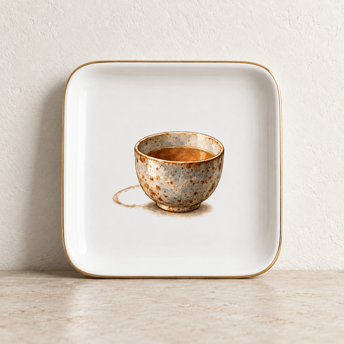 A Cup Set Down Ceramic Jewelry Tray featuring a square white ceramic dish with gold trim and a watercolor illustration of a speckled tea cup with a brown ring stain on the center surface.