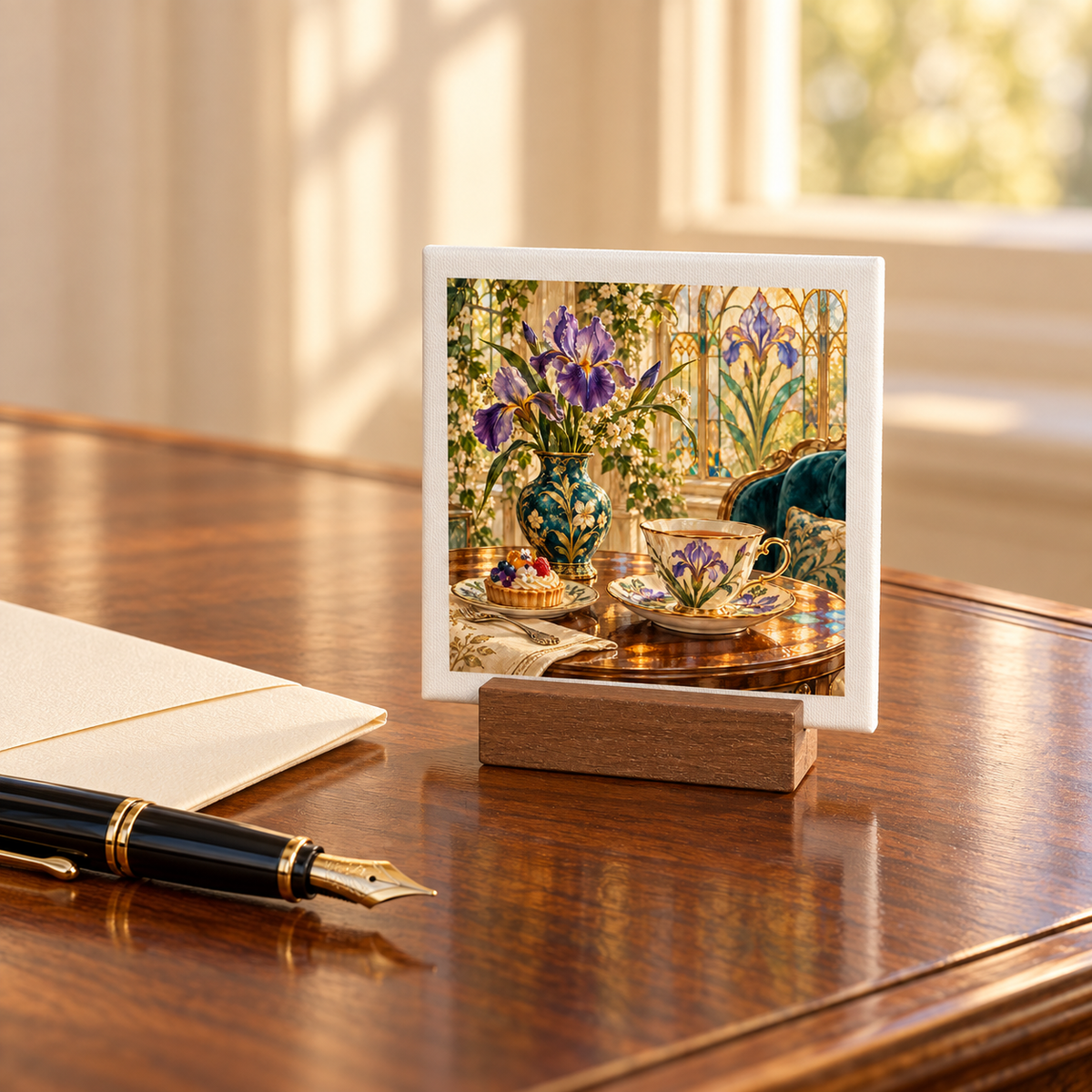 A 4x4 inch A Day Worth Savoring Birthday Mini Sign by Mirabilia Boutique in a wooden stand, showing a vase of irises, a teacup, and a small tart on a table, sitting on a desk with a fountain pen and envelope.