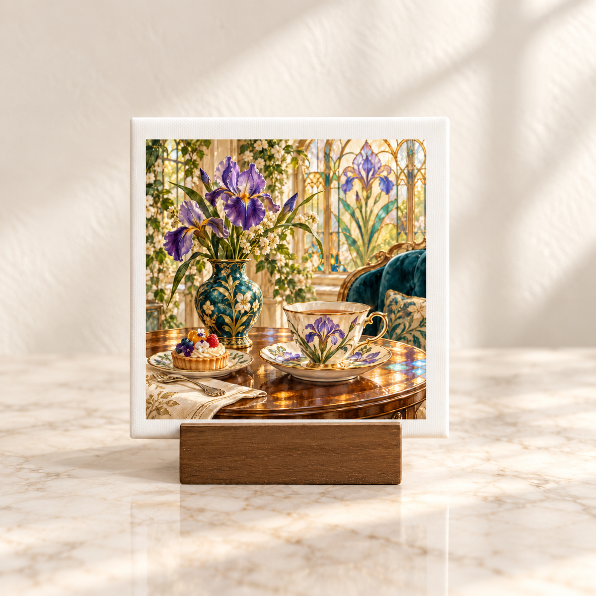 A Day Worth Savoring Birthday Mini Sign by Mirabilia Boutique, a 4x4 inch artwork in a wooden stand showing a still life of irises in a vase, a teacup, and a small fruit tart on a round table.