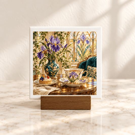 A Day Worth Savoring Birthday Mini Sign by Mirabilia Boutique, a 4x4 inch artwork in a wooden stand showing a still life of irises in a vase, a teacup, and a small fruit tart on a round table.