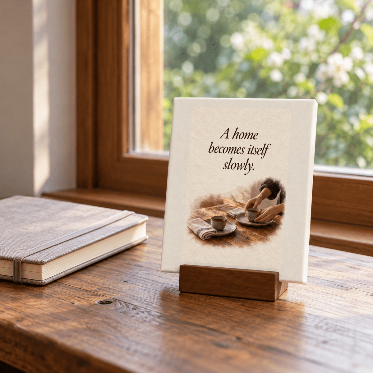 A Home Becomes Itself Slowly Mini Sign on a wooden stand, featuring a watercolor-style illustration of a table setting with two cups.