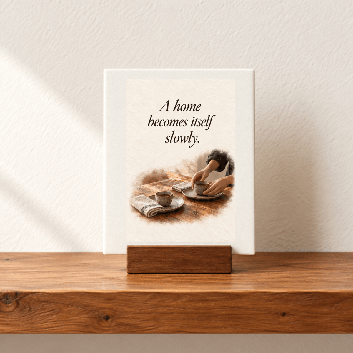 A small wooden A Home Becomes Itself Slowly Mini Sign | Cedar & Ink featuring the text “A home becomes itself slowly” above an illustration of someone setting a table with two cups.
