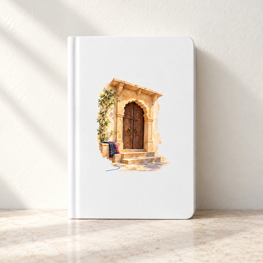 A House in the Margin A5 Journal | Sand & Saffron featuring an arched wooden door with stone steps and a climbing plant.
