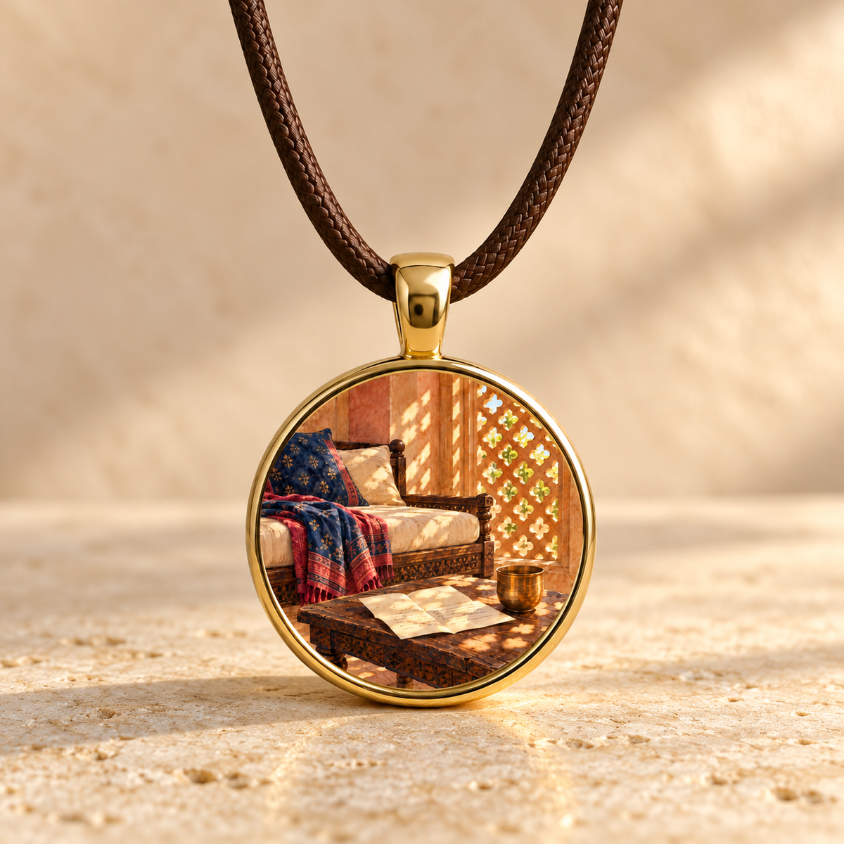 A Letter Waiting | Story Pendant Necklace featuring a gold pendant on a brown cord with a glass cabochon of a cozy seating area and a handwritten letter on a low table.