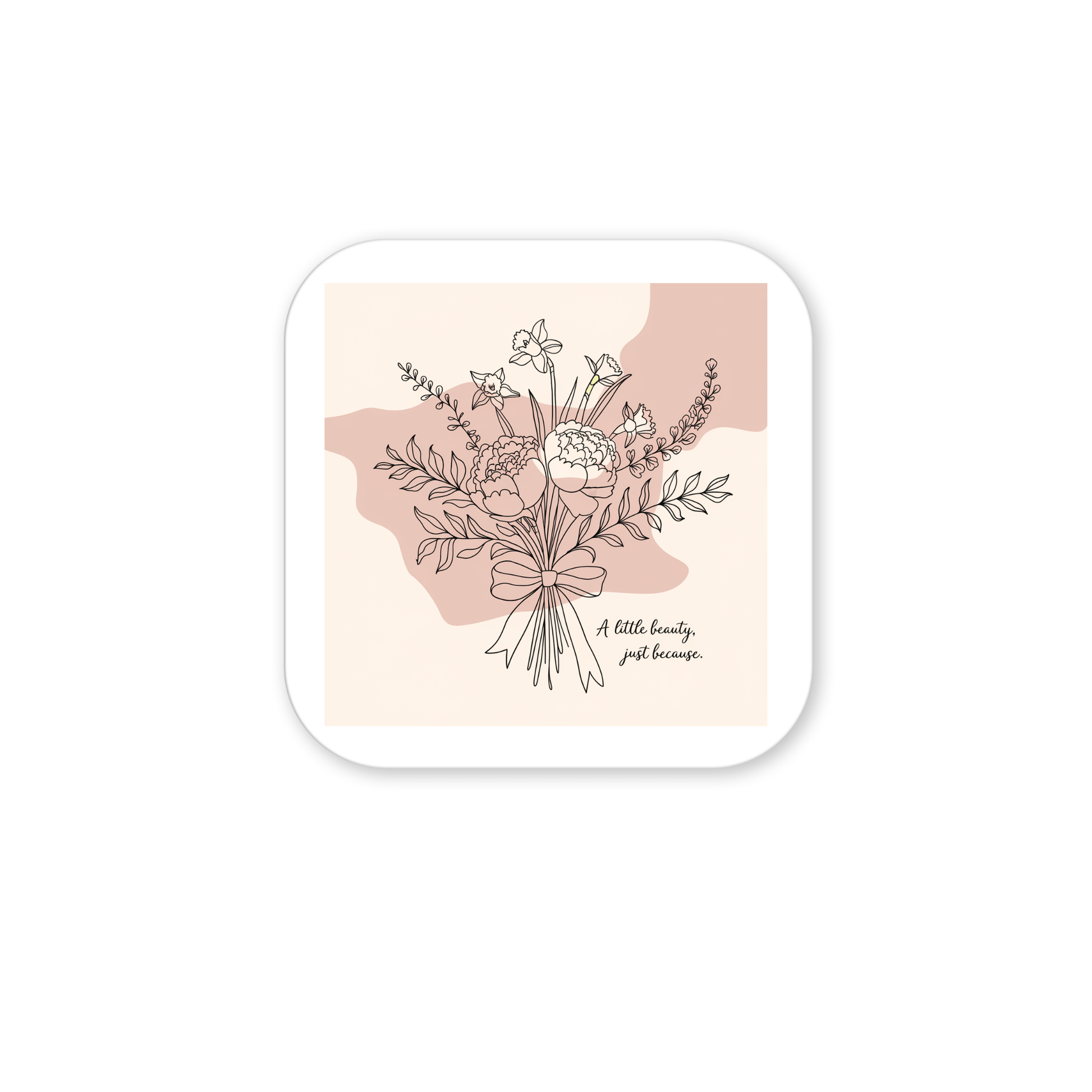 The A Little Beauty Magnet – Just Because Floral Gift by Mirabilia Boutique features a floral bouquet line drawing with leaves, stems, and ribbon over beige and pink shapes. Text reads: "A little beauty—just because." A thoughtful gift for any fridge.