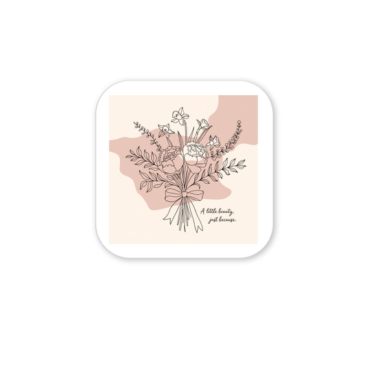 The A Little Beauty Magnet – Just Because Floral Gift by Mirabilia Boutique features a floral bouquet line drawing with leaves, stems, and ribbon over beige and pink shapes. Text reads: "A little beauty—just because." A thoughtful gift for any fridge.