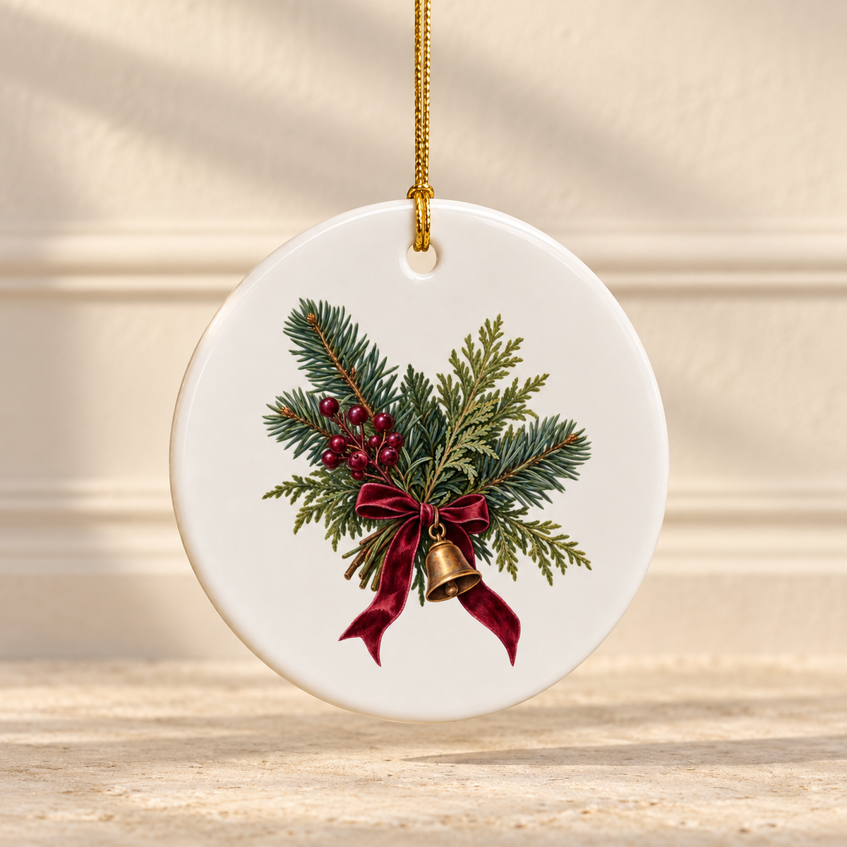 A Little Evergreen for Home Ornament by Mirabilia Boutique is a round white ceramic ornament decorated with evergreen boughs, red berries, a gold bell, and a red ribbon bow, hanging from a gold string.