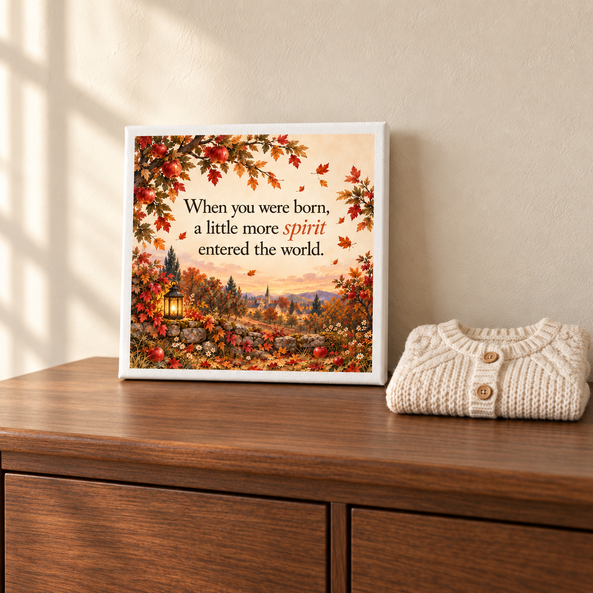 A Little More Spirit Nursery Keepsake Canvas by Mirabilia Boutique rests on a wooden dresser beside a folded beige knit sweater—a charming autumn-inspired addition to any nursery.