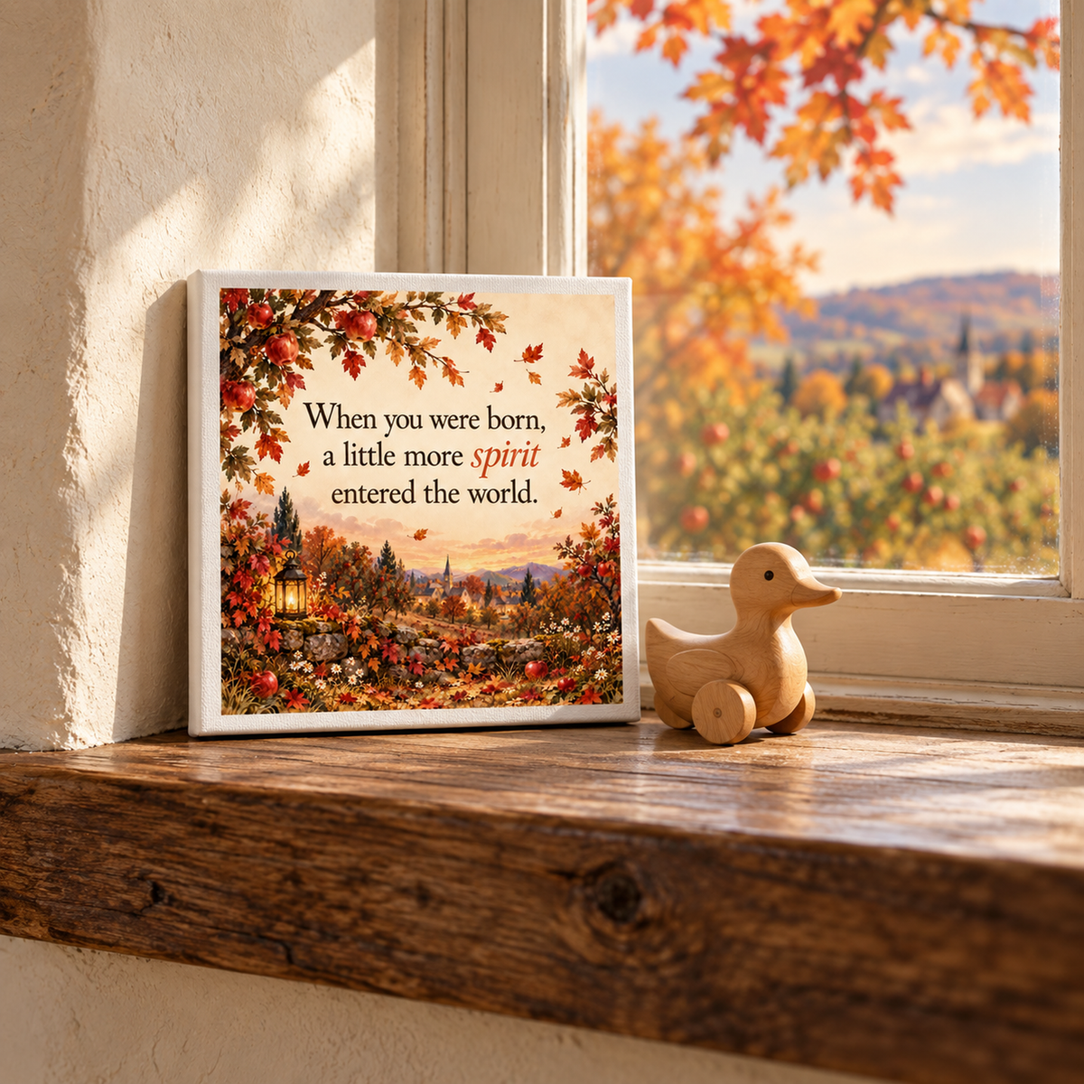 A Little More Spirit Nursery Keepsake Canvas by Mirabilia Boutique features an autumn scene and the quote, “When you were born, a little more spirit entered the world”—a charming fall nursery accent for the windowsill.