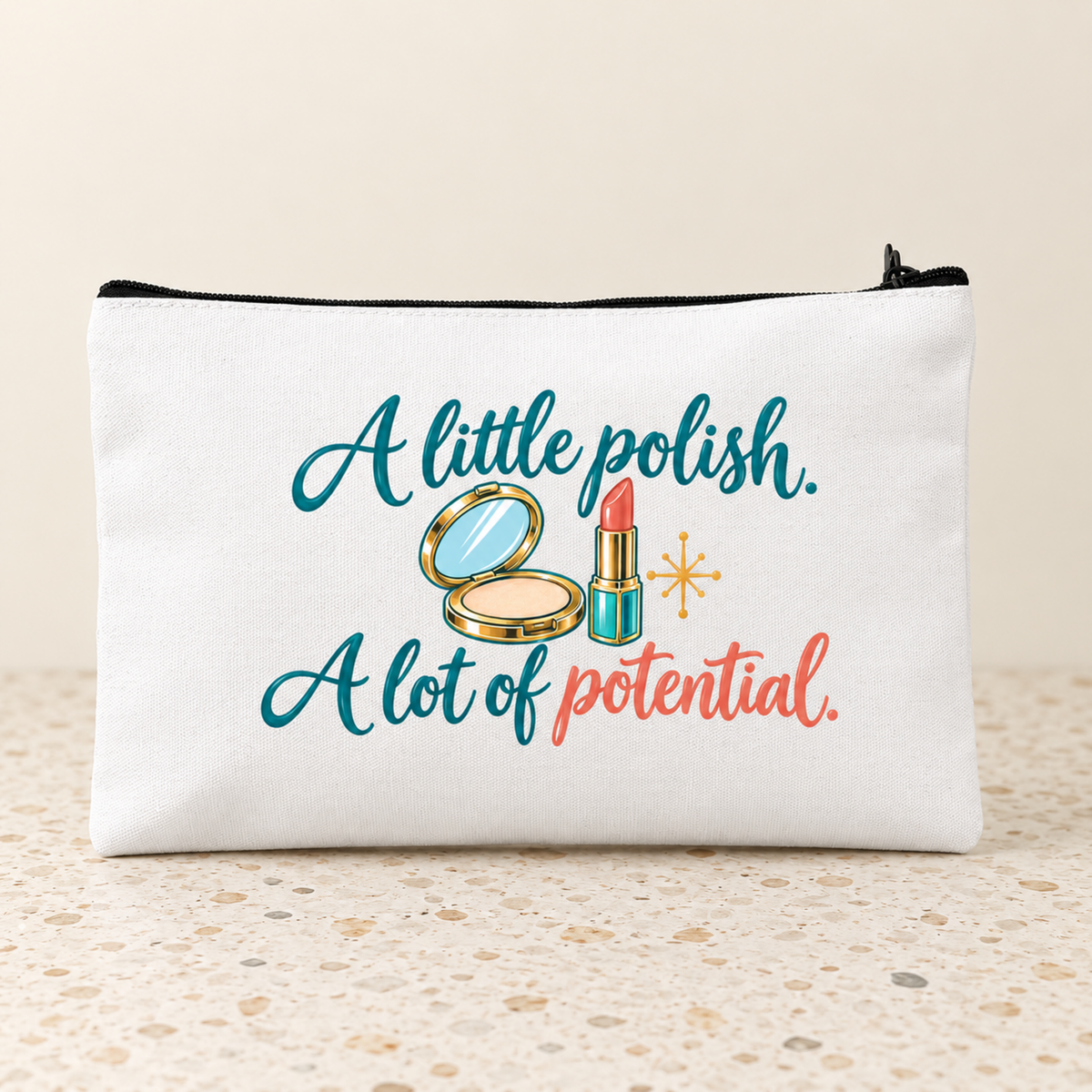The A Little Polish, A Lot of Potential Makeup Bag by Mirabilia Boutique features vintage-inspired powder and lipstick illustrations and the phrase, “A little polish. A lot of potential.” on a chic speckled background.