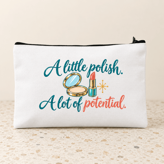 The A Little Polish, A Lot of Potential Makeup Bag by Mirabilia Boutique features vintage-inspired powder and lipstick illustrations and the phrase, “A little polish. A lot of potential.” on a chic speckled background.
