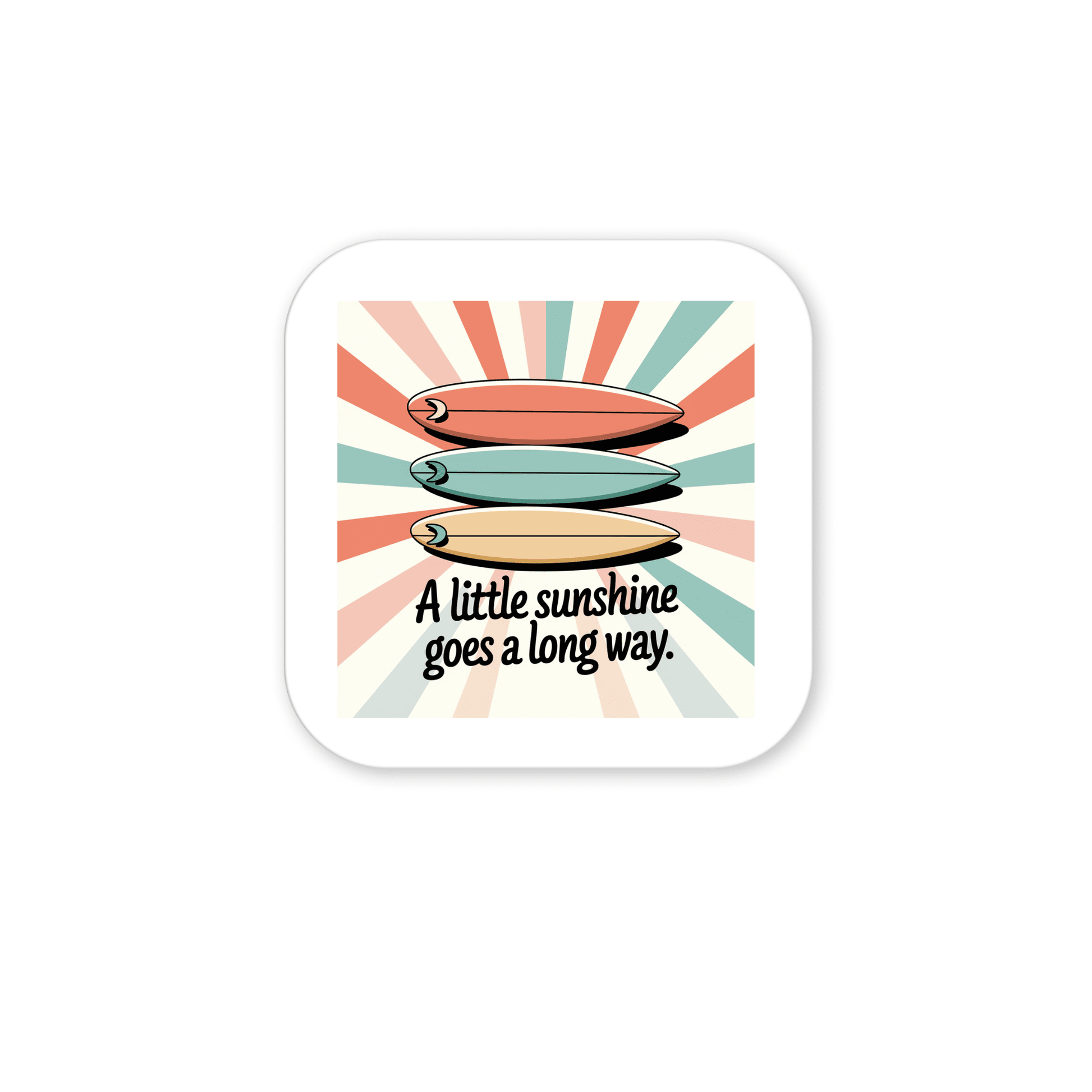 The A Little Sunshine Magnet – Retro Surf & Sun Vibes by Mirabilia Boutique features three surfboards over a sunburst with "A little sunshine goes a long way"—a perfect retro fridge magnet for adding vibrant decor to your space.