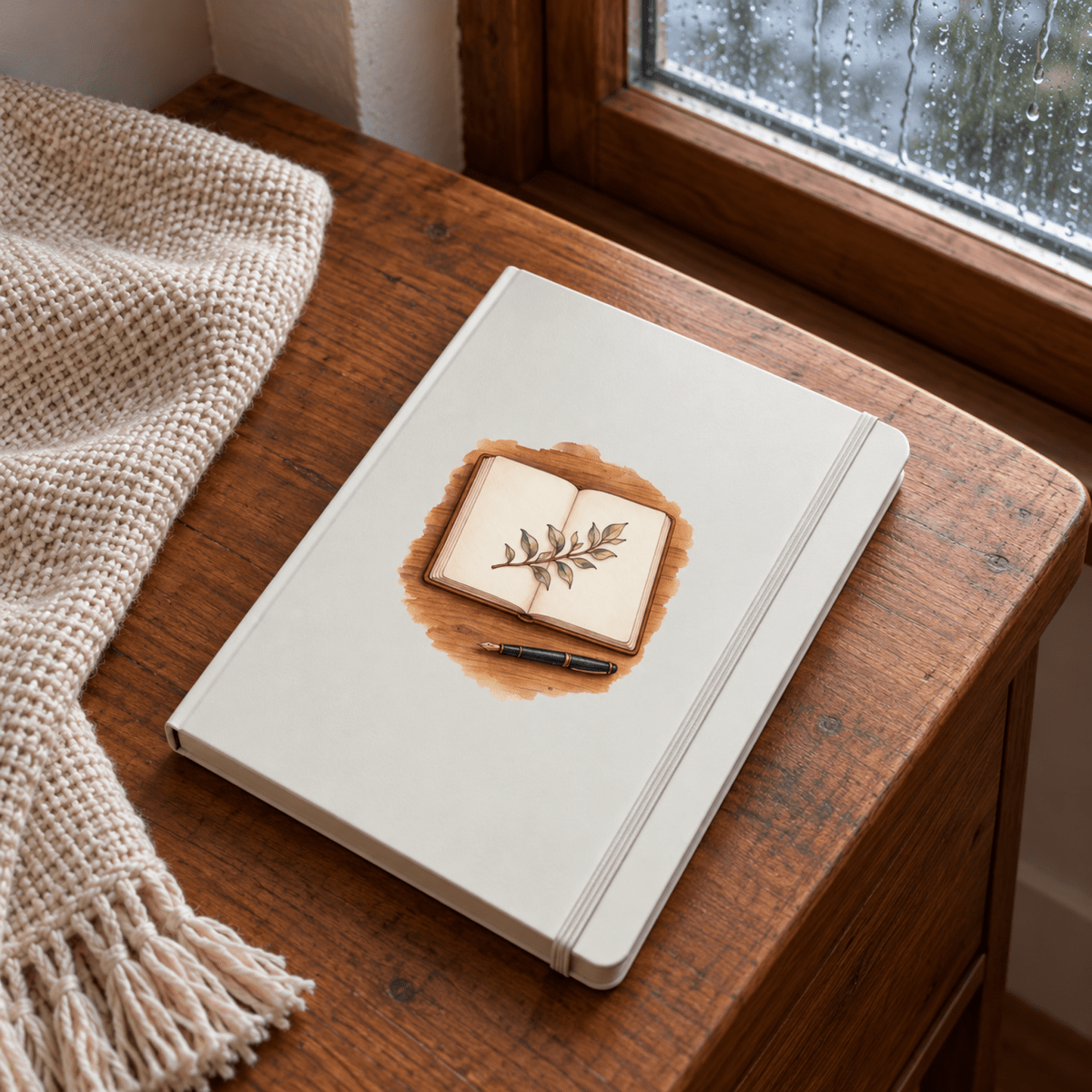 A closed white A Living Page Botanical A5 Journal | Cedar & Ink featuring a watercolor cover illustration of an open book with a leafy branch and a fountain pen on a wooden surface.