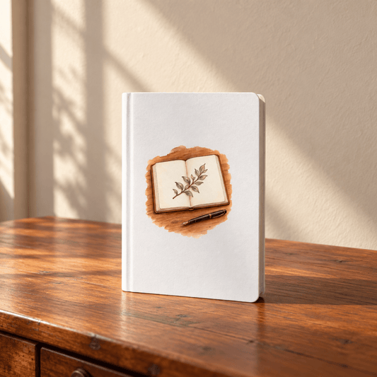 A Living Page Botanical A5 Journal by Mirabilia Boutique stands upright on a wooden table, its watercolor cover featuring an illustration of an open book with a leafy sprig and a fountain pen.