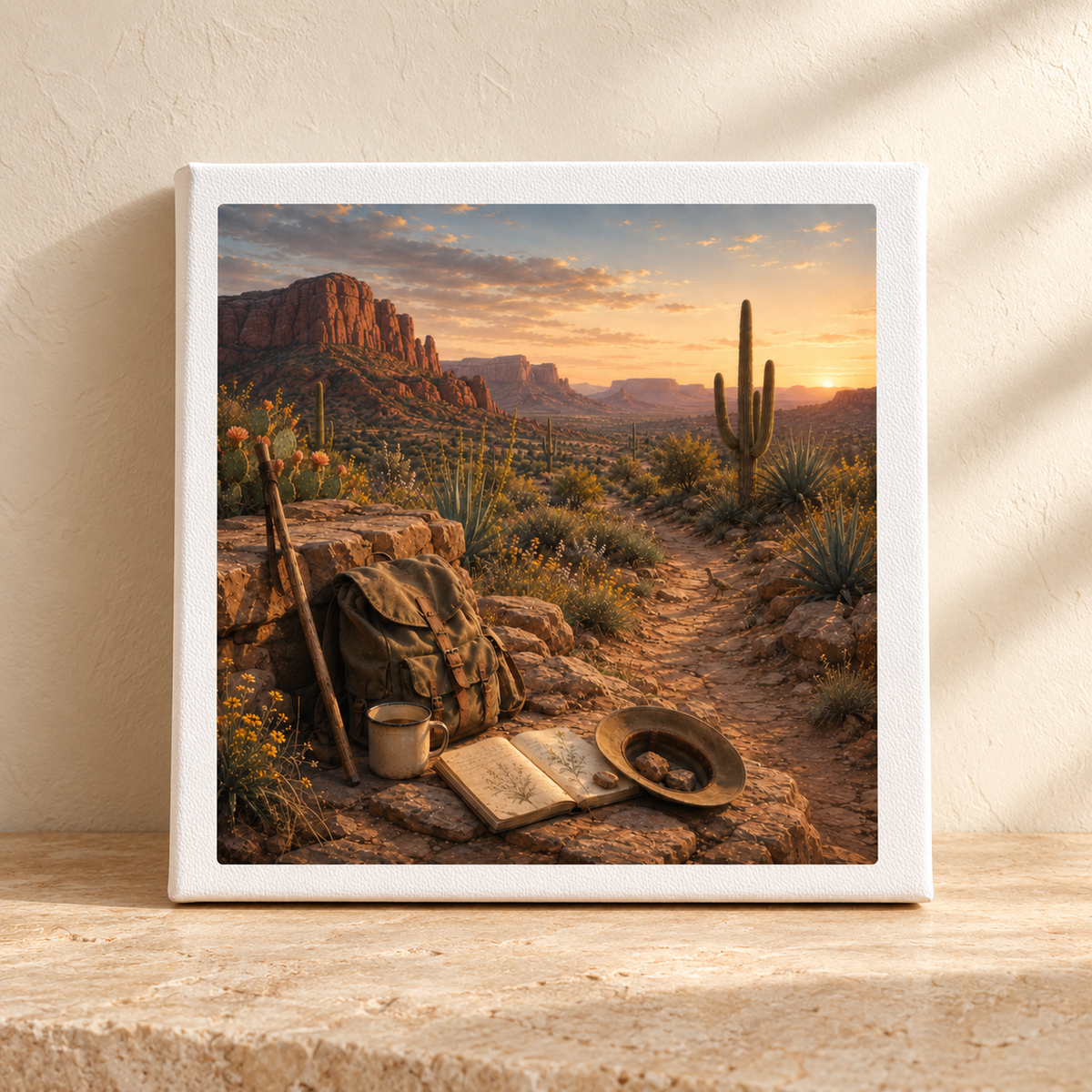 A Place to Rest Desert Landscape Canvas | Sage & Stone by Mirabilia Boutique features a sunset desert scene with cactus, mountains, and travel essentials resting on a rock beside the trail.