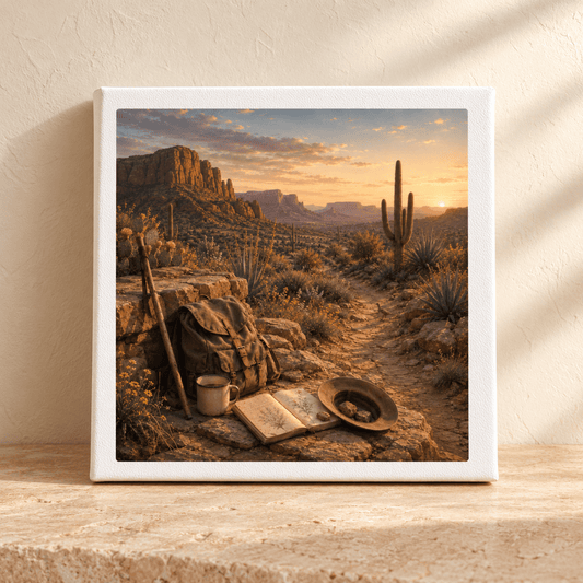 A Place to Rest Desert Landscape Canvas | Sage & Stone by Mirabilia Boutique features a sunset desert scene with cactus, mountains, and travel essentials resting on a rock beside the trail.