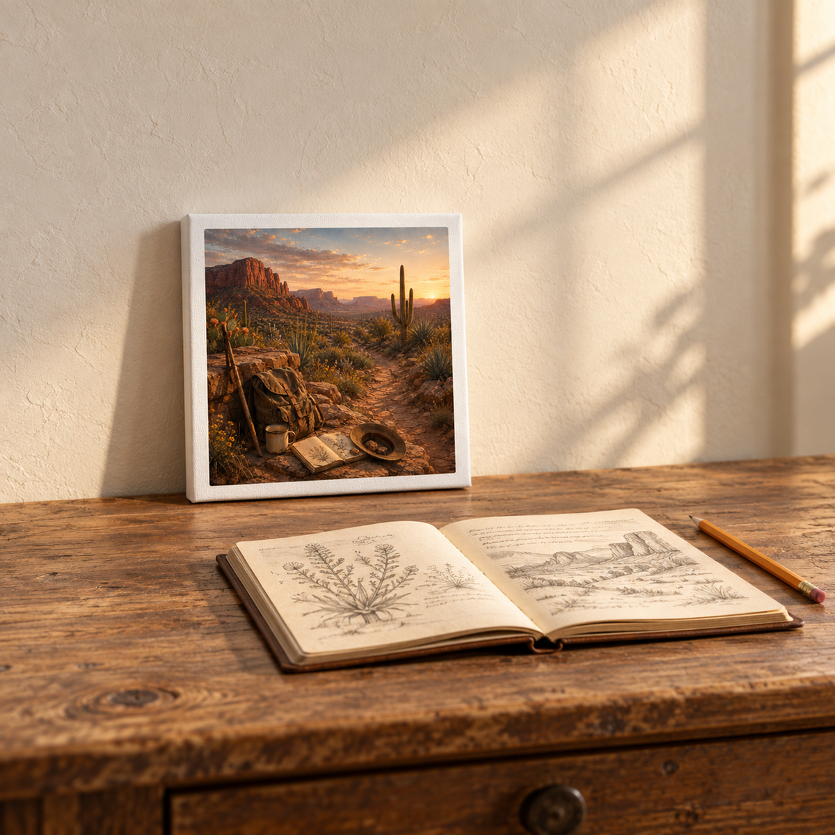 An open sketchbook, pencil, and the A Place to Rest Desert Landscape Canvas | Sage & Stone by Mirabilia Boutique sit on a rustic wooden desk against a beige wall with soft sunlight and shadows.