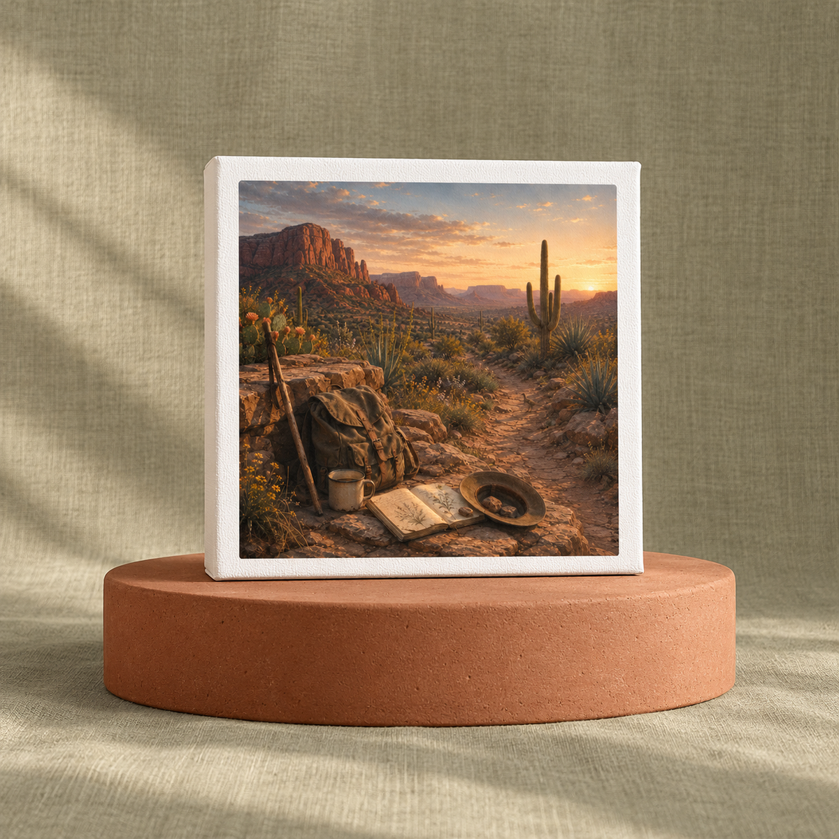 The “A Place to Rest Desert Landscape Canvas | Sage & Stone” by Mirabilia Boutique features a desert sunset with cacti, mountains, and a dirt path, displayed on a round stand alongside a hat, journal, and backpack.