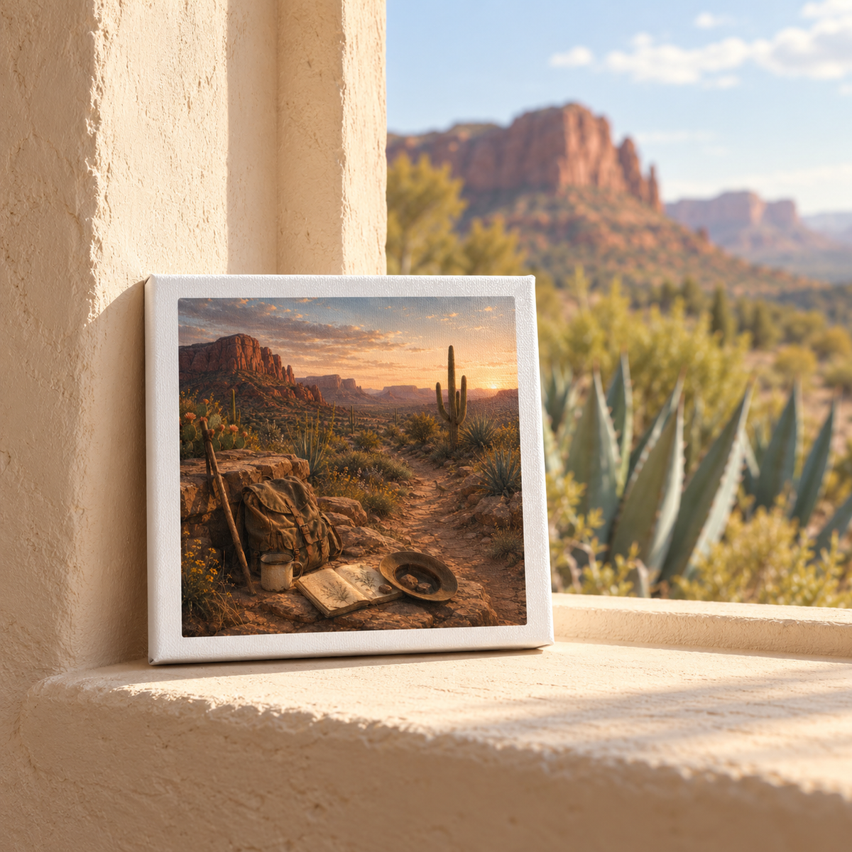 A Place to Rest Desert Landscape Canvas | Sage & Stone by Mirabilia Boutique rests on a sunlit windowsill, echoing the real desert scene with cacti and mesas outside.