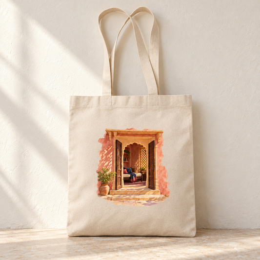 A Place to Return Tote Bag by Mirabilia Boutique, featuring a watercolor illustration of an open, arched wooden doorway leading to a sunlit patio on a natural canvas bag.