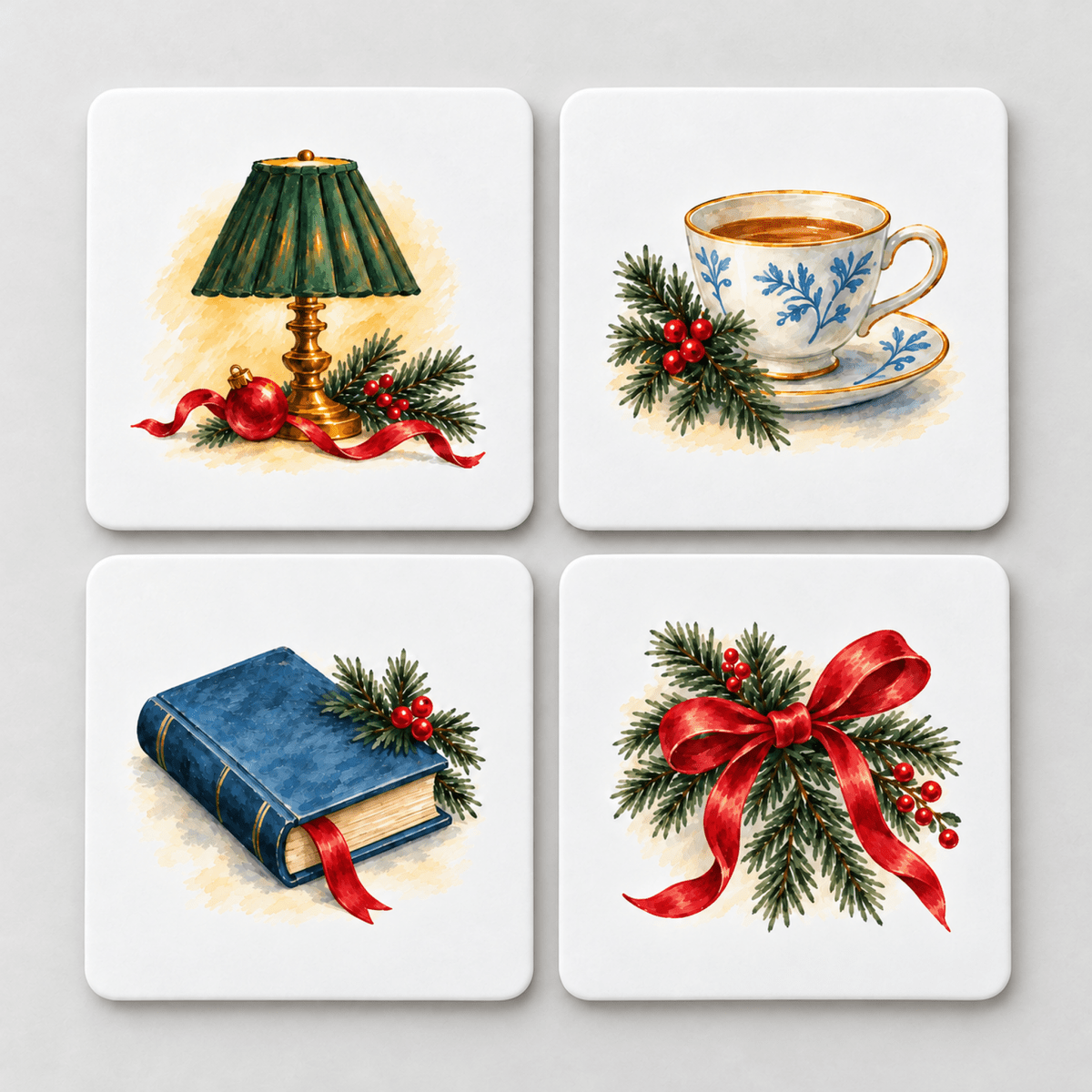 A Quiet Christmas Coaster Set featuring four square coasters with watercolor illustrations of a green lamp, a teacup, a blue book, and a red ribbon, each accented with pine branches and holly berries.