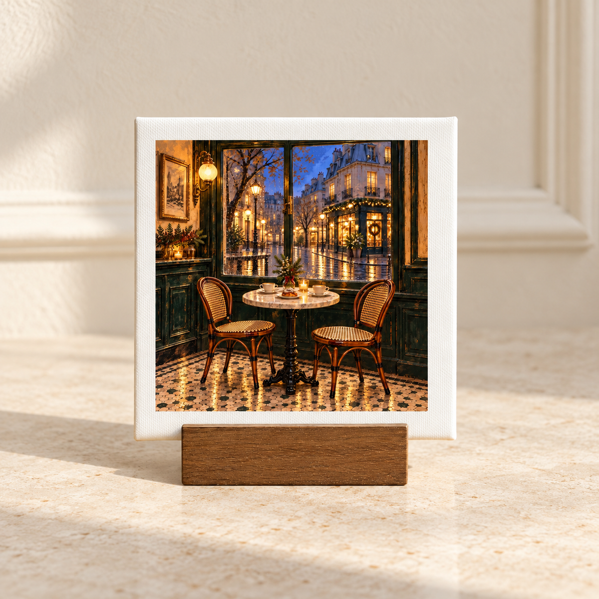 A Table for Christmas Eve Mini Sign | Paris Toujours on a wooden stand depicts a cozy café scene at a table for two overlooking a festive, rainy Parisian street at night on a square canvas panel.