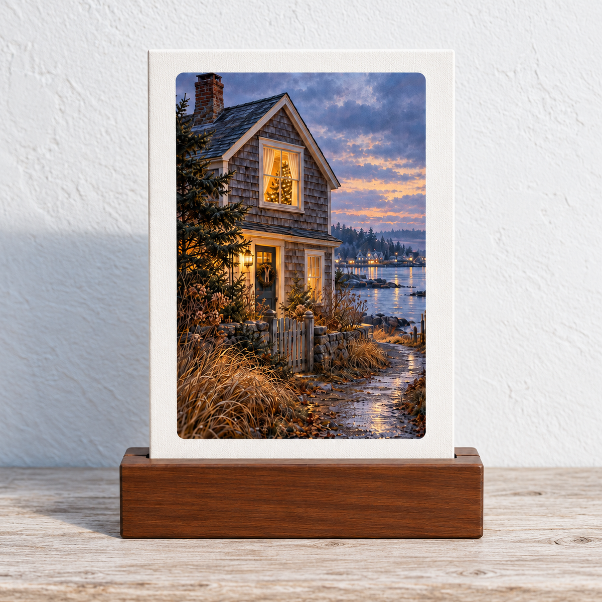 A Tree in the Upstairs Window Mini Sign by Mirabilia Boutique, featuring a small rectangular canvas in a dark wooden stand depicting a cozy Christmas cottage by a lake at dusk with warm lights glowing in the windows.